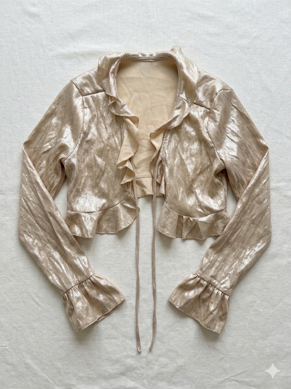 Shimmery Champagne Ruffle Tie-Front Jacket